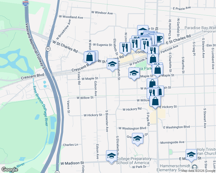 map of restaurants, bars, coffee shops, grocery stores, and more near 225 South Brewster Avenue in Lombard