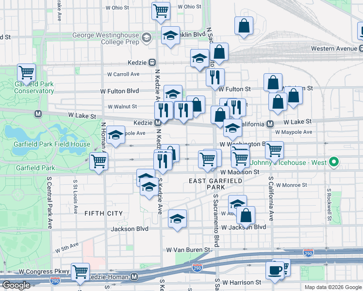 map of restaurants, bars, coffee shops, grocery stores, and more near 3054 West Washington Boulevard in Chicago