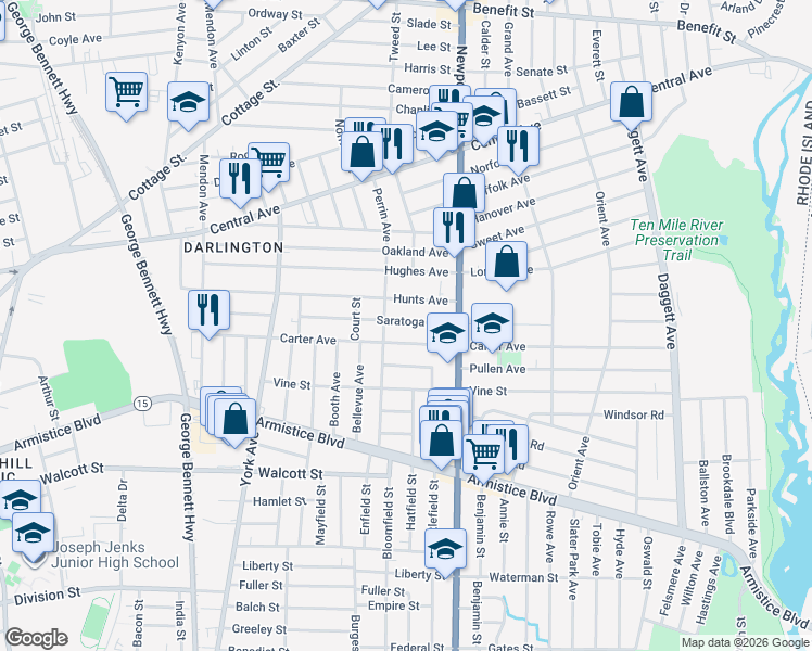 map of restaurants, bars, coffee shops, grocery stores, and more near 195 Saratoga Avenue in Pawtucket