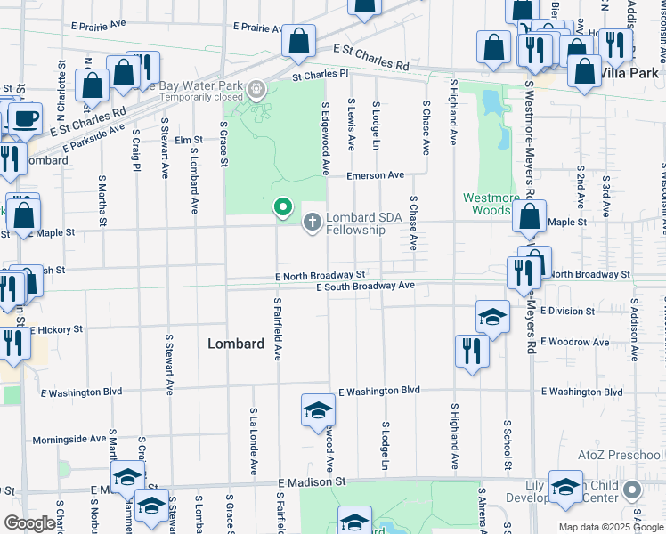 map of restaurants, bars, coffee shops, grocery stores, and more near 237 South Edgewood Avenue in Lombard
