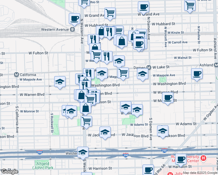 map of restaurants, bars, coffee shops, grocery stores, and more near 2229 West Washington Boulevard in Chicago