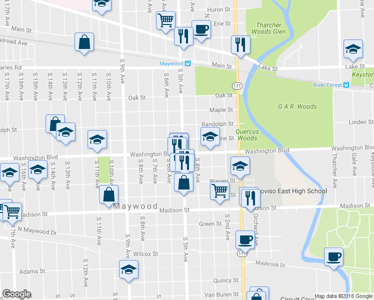map of restaurants, bars, coffee shops, grocery stores, and more near 519 South 5th Avenue in Maywood
