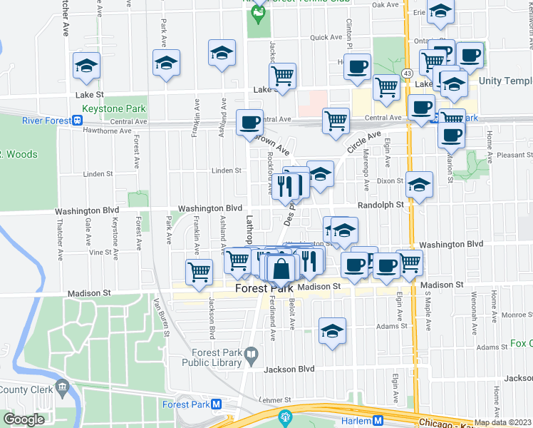 map of restaurants, bars, coffee shops, grocery stores, and more near 1315 Rockford Avenue in Forest Park