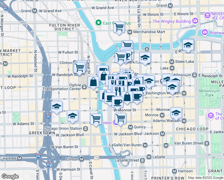 map of restaurants, bars, coffee shops, grocery stores, and more near 29 North Upper Wacker Drive in Chicago