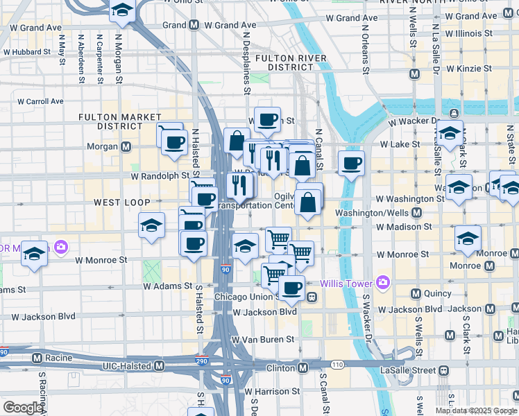 map of restaurants, bars, coffee shops, grocery stores, and more near 123 North Des Plaines Street in Chicago