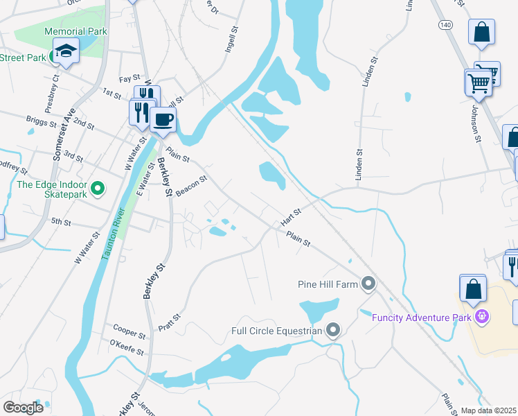 map of restaurants, bars, coffee shops, grocery stores, and more near 41 Hart Avenue in Taunton