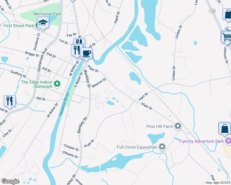 map of restaurants, bars, coffee shops, grocery stores, and more near 57 Plain Street in Taunton