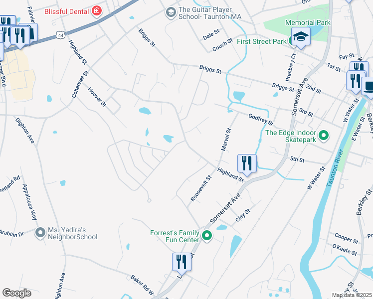 map of restaurants, bars, coffee shops, grocery stores, and more near 48 Highland Street in Taunton