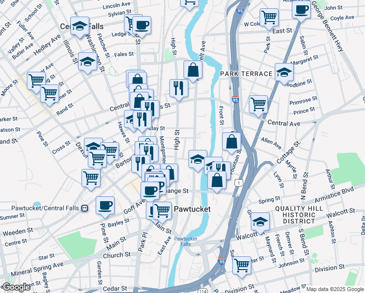 map of restaurants, bars, coffee shops, grocery stores, and more near 38 Darrow Street in Pawtucket