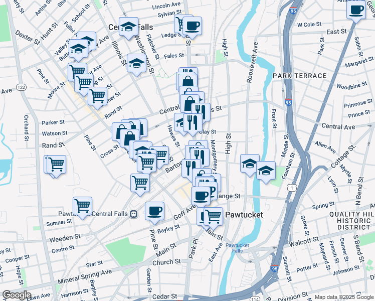 map of restaurants, bars, coffee shops, grocery stores, and more near 15 Nickerson Street in Pawtucket