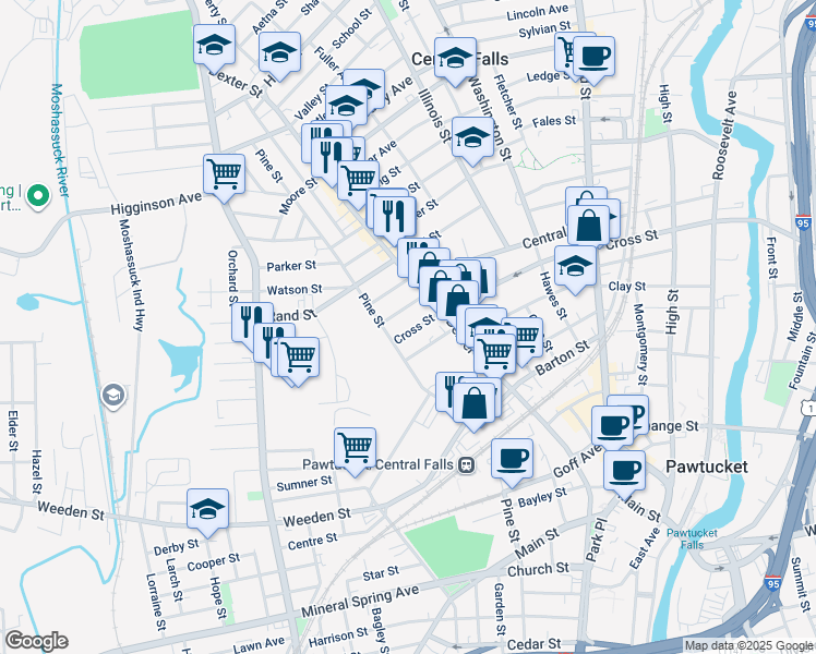map of restaurants, bars, coffee shops, grocery stores, and more near 203 Cross Street in Central Falls