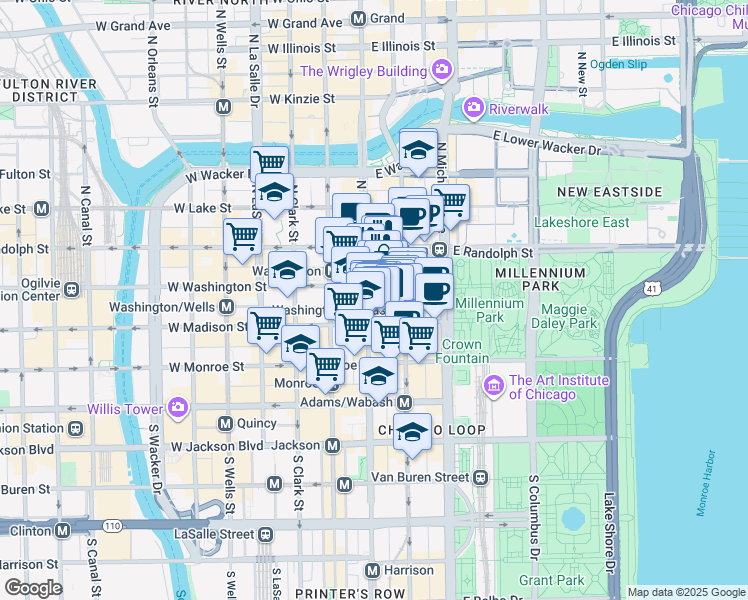 map of restaurants, bars, coffee shops, grocery stores, and more near 111 North State Street in Chicago