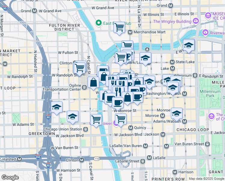 map of restaurants, bars, coffee shops, grocery stores, and more near One North Wacker Drive in Chicago