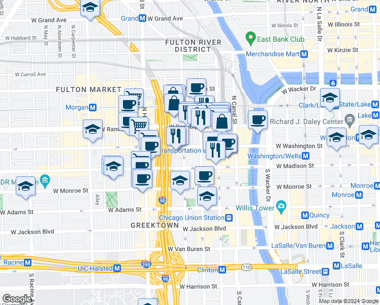 map of restaurants, bars, coffee shops, grocery stores, and more near 630 West Washington Boulevard in Chicago