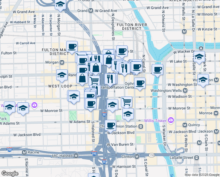 map of restaurants, bars, coffee shops, grocery stores, and more near 659 West Washington Boulevard in Chicago