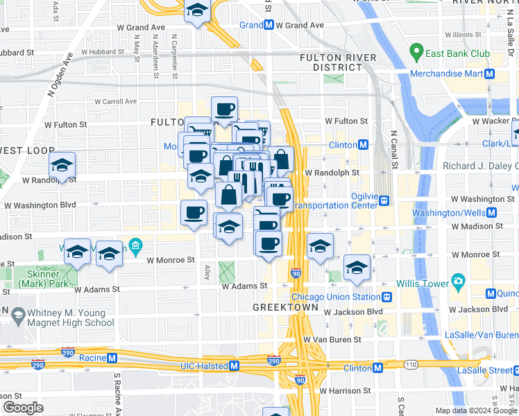 map of restaurants, bars, coffee shops, grocery stores, and more near 817 West Washington Boulevard in Chicago