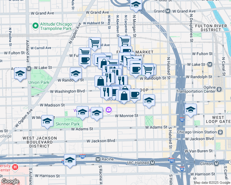 map of restaurants, bars, coffee shops, grocery stores, and more near 1123 West Washington Boulevard in Chicago