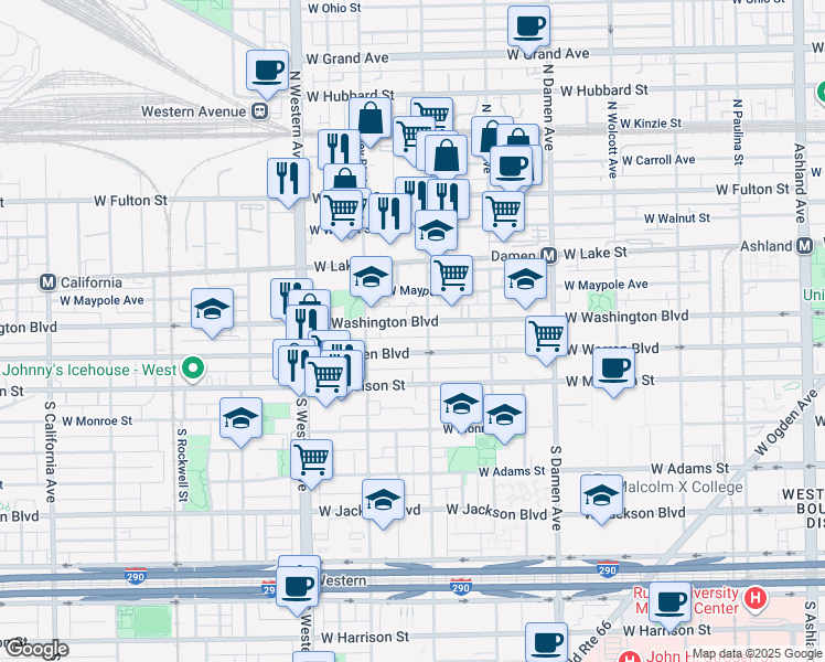 map of restaurants, bars, coffee shops, grocery stores, and more near 2223 West Washington Boulevard in Chicago