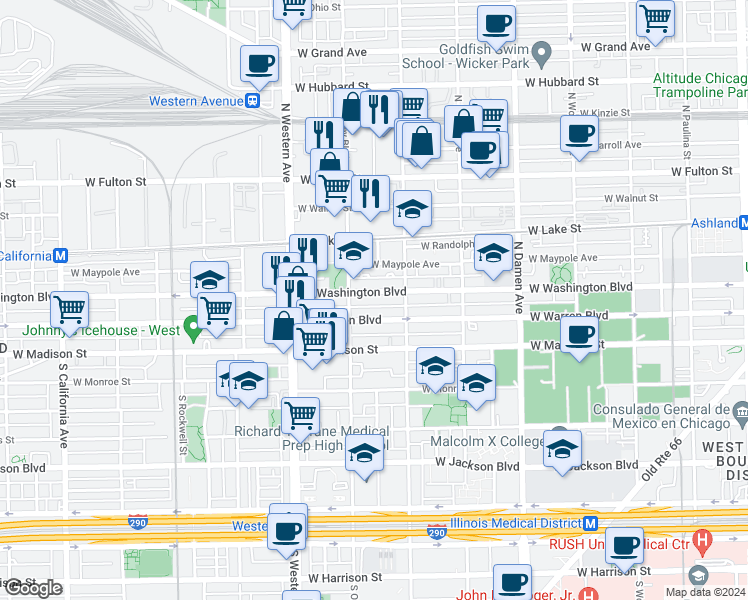 map of restaurants, bars, coffee shops, grocery stores, and more near 2223 West Washington Boulevard in Chicago