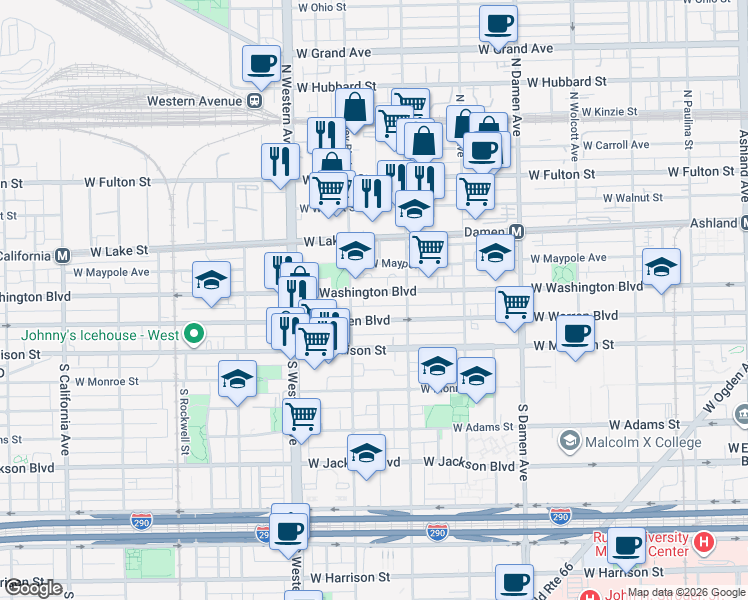 map of restaurants, bars, coffee shops, grocery stores, and more near 2223 West Washington Boulevard in Chicago