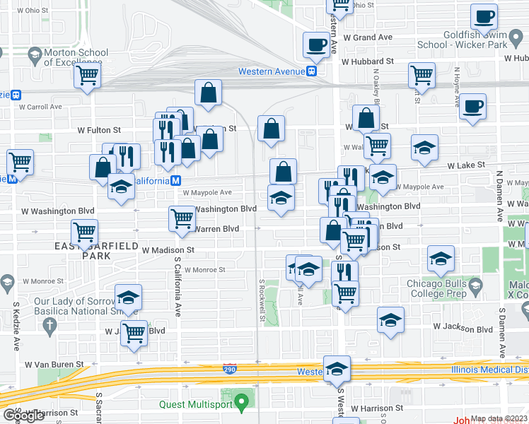 map of restaurants, bars, coffee shops, grocery stores, and more near 2604 West Washington Boulevard in Chicago