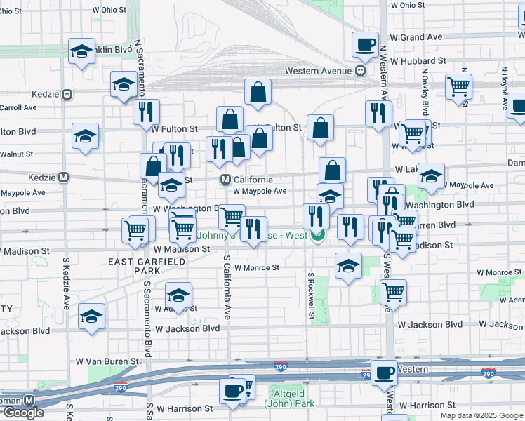 map of restaurants, bars, coffee shops, grocery stores, and more near 2710 West Washington Boulevard in Chicago