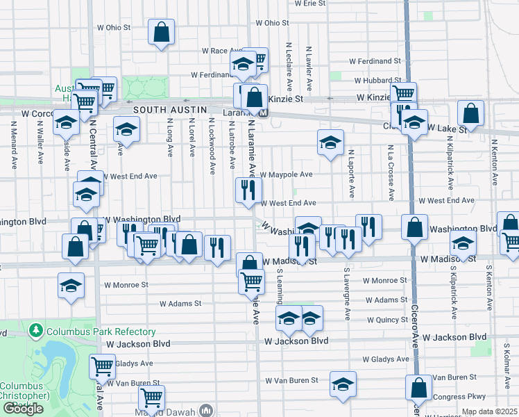 map of restaurants, bars, coffee shops, grocery stores, and more near 5135 West West End Avenue in Chicago