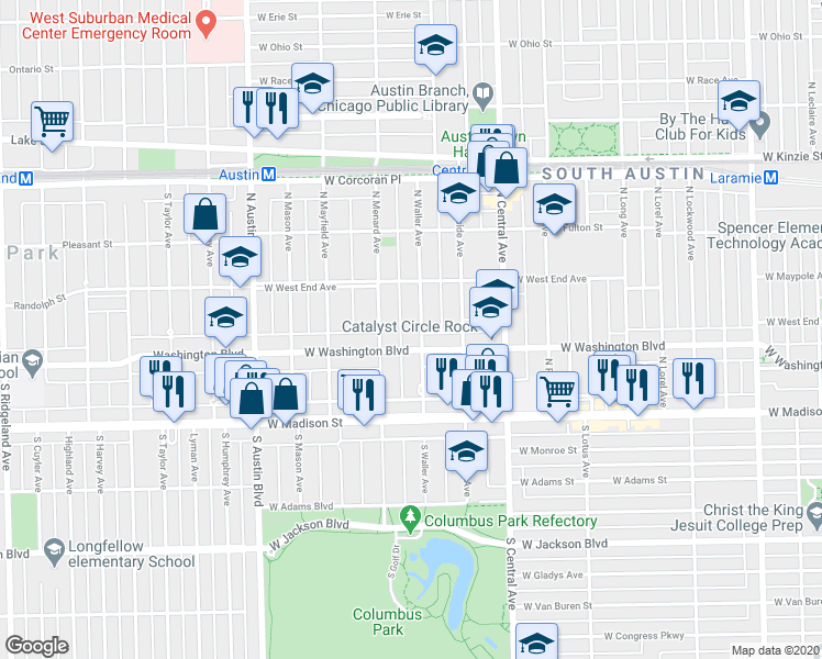 map of restaurants, bars, coffee shops, grocery stores, and more near 125 North Waller Avenue in Chicago