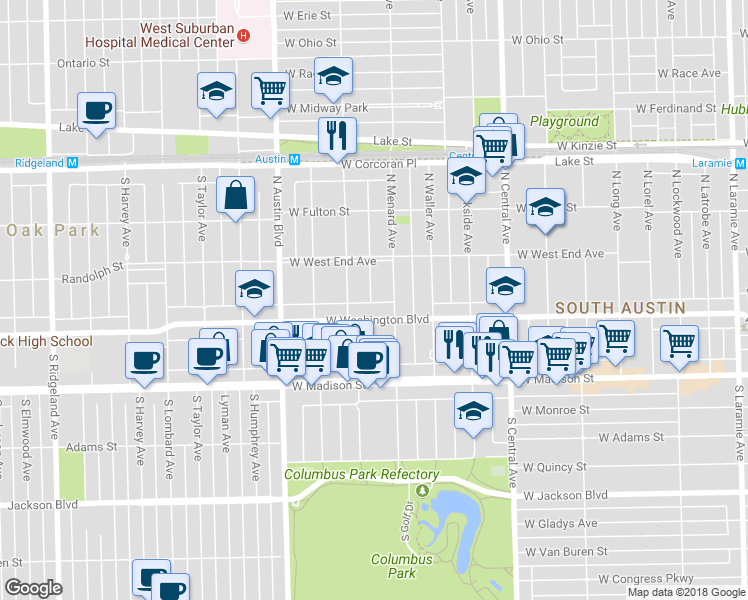 map of restaurants, bars, coffee shops, grocery stores, and more near 135 North Mayfield Avenue in Chicago