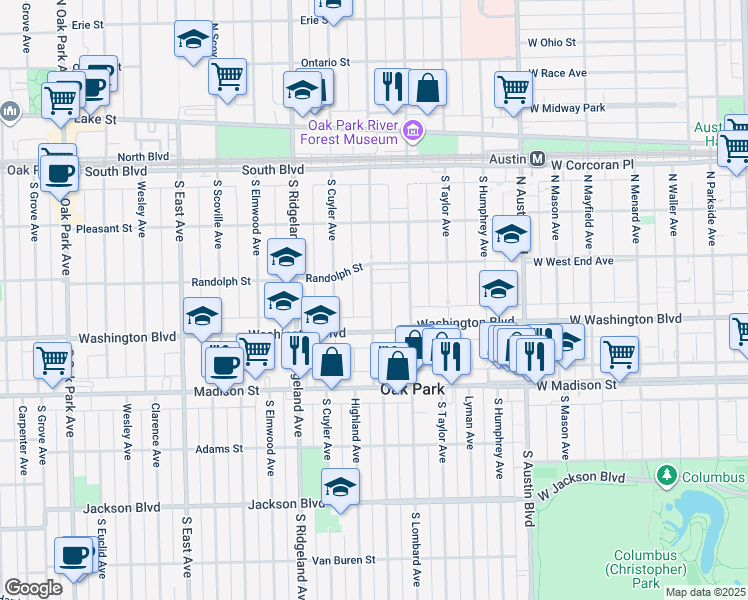 map of restaurants, bars, coffee shops, grocery stores, and more near 319 South Harvey Avenue in Oak Park