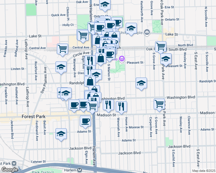 map of restaurants, bars, coffee shops, grocery stores, and more near in Oak Park