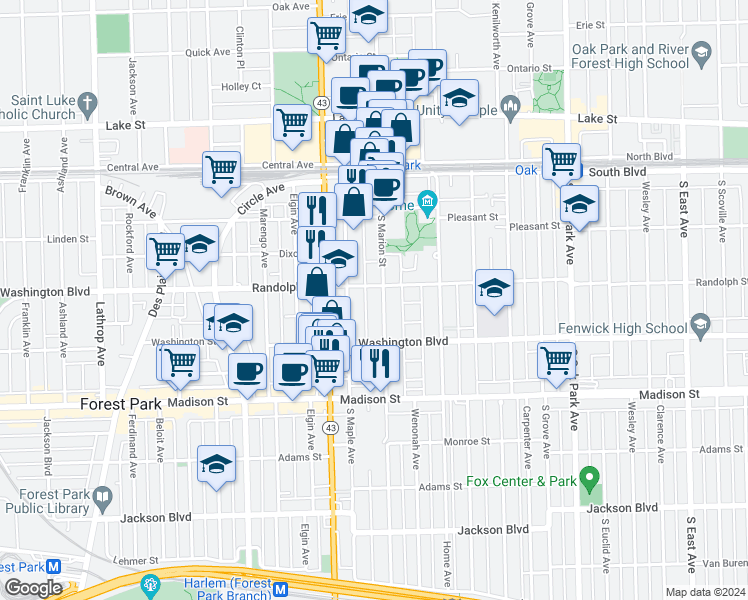 map of restaurants, bars, coffee shops, grocery stores, and more near 305 Wisconsin Avenue in Oak Park