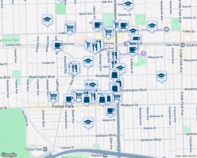 map of restaurants, bars, coffee shops, grocery stores, and more near 7314 Randolph Street in Forest Park