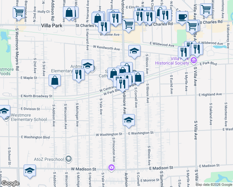map of restaurants, bars, coffee shops, grocery stores, and more near 11 West Park Boulevard in Villa Park