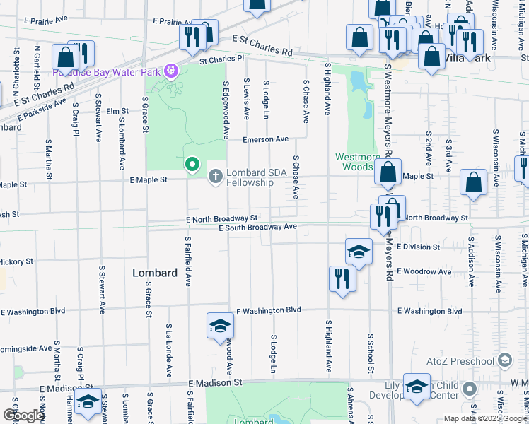 map of restaurants, bars, coffee shops, grocery stores, and more near 233 South Lodge Lane in Lombard