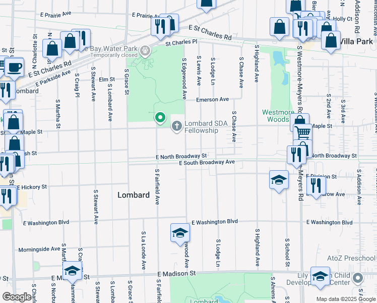 map of restaurants, bars, coffee shops, grocery stores, and more near 237 South Edgewood Avenue in Lombard
