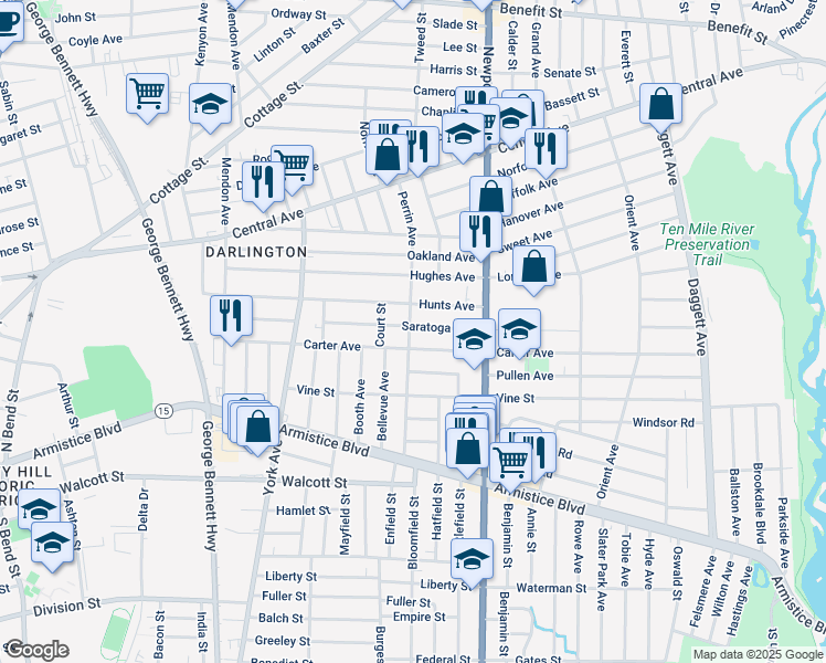 map of restaurants, bars, coffee shops, grocery stores, and more near 173 Saratoga Avenue in Pawtucket