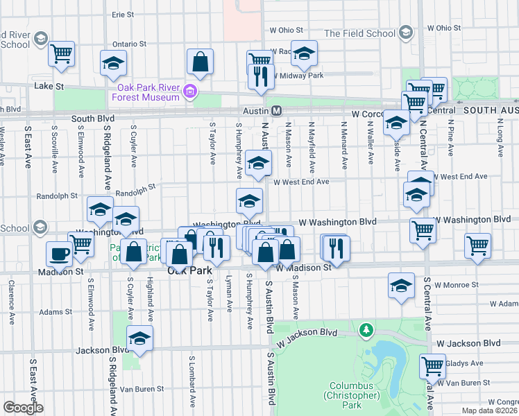 map of restaurants, bars, coffee shops, grocery stores, and more near 124 North Austin Boulevard in Oak Park