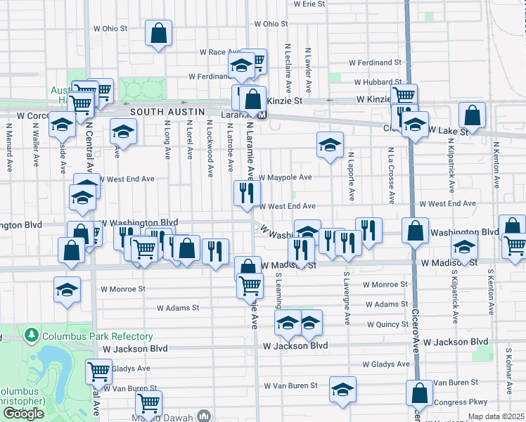 map of restaurants, bars, coffee shops, grocery stores, and more near 5135 West West End Avenue in Chicago