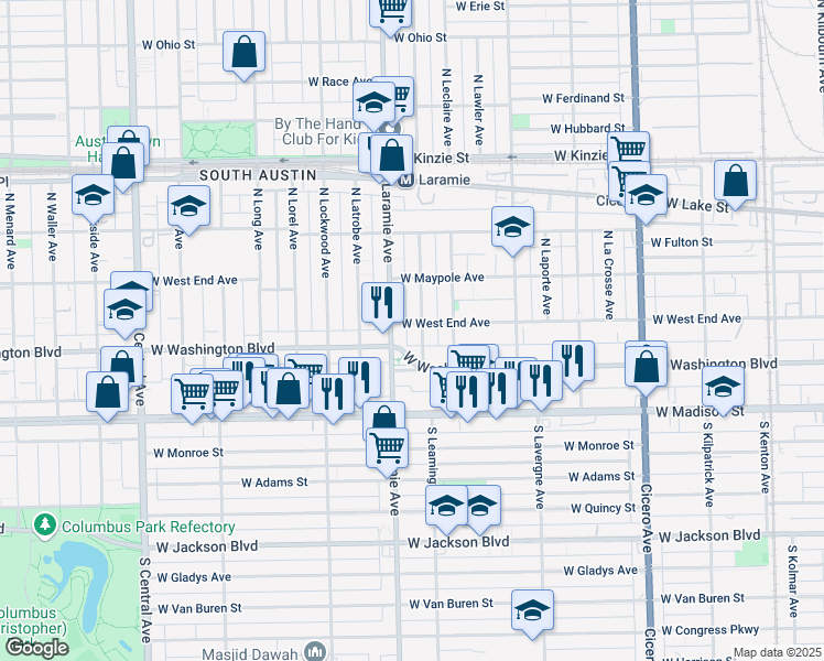 map of restaurants, bars, coffee shops, grocery stores, and more near 5137 West West End Avenue in Chicago