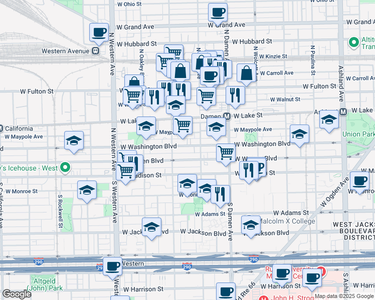 map of restaurants, bars, coffee shops, grocery stores, and more near 2127 West Washington Boulevard in Chicago