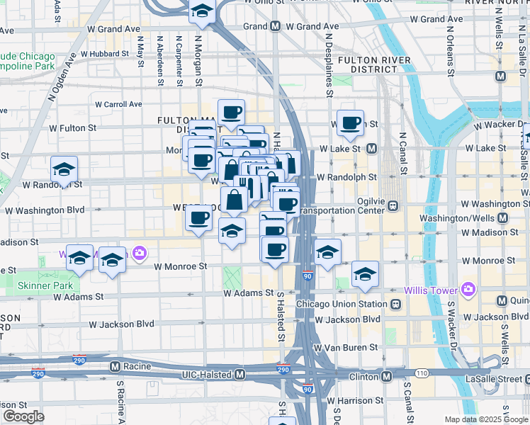 map of restaurants, bars, coffee shops, grocery stores, and more near 817 West Washington Boulevard in Chicago