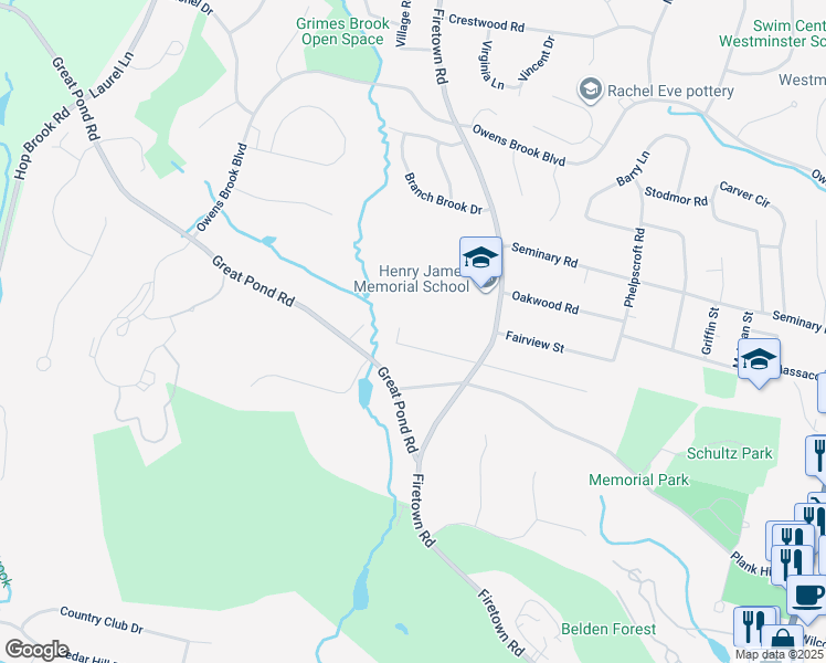 map of restaurants, bars, coffee shops, grocery stores, and more near 16 Simscroft Place in Simsbury