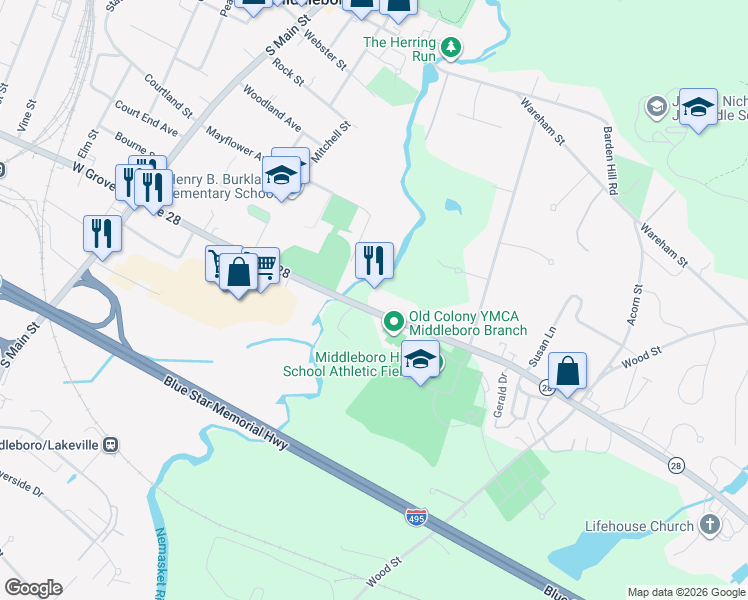 map of restaurants, bars, coffee shops, grocery stores, and more near 58 East Grove Street in Middleborough