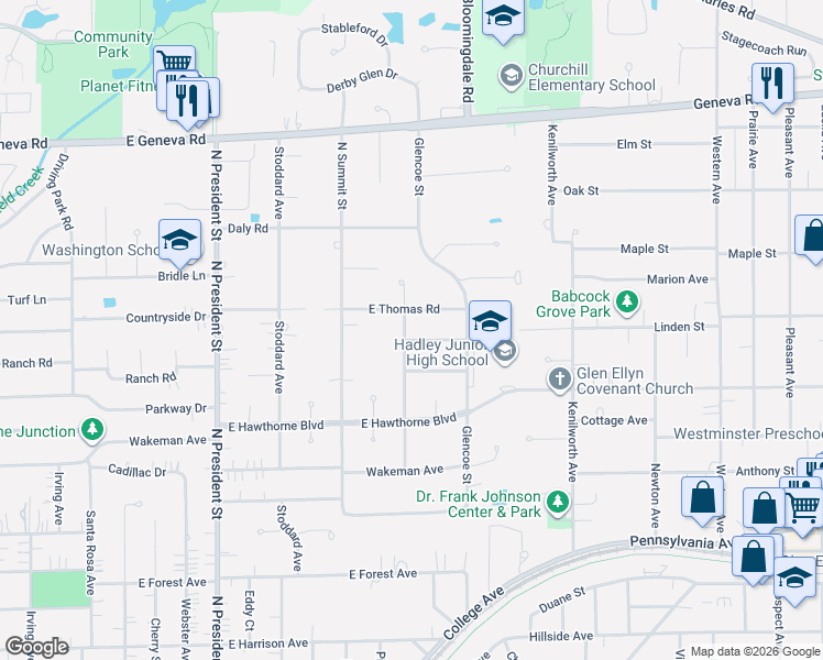 map of restaurants, bars, coffee shops, grocery stores, and more near 1603 Ashton Court in Wheaton