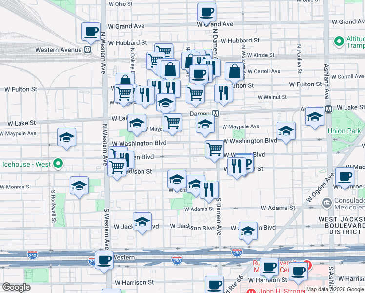 map of restaurants, bars, coffee shops, grocery stores, and more near 2113 West Washington Boulevard in Chicago