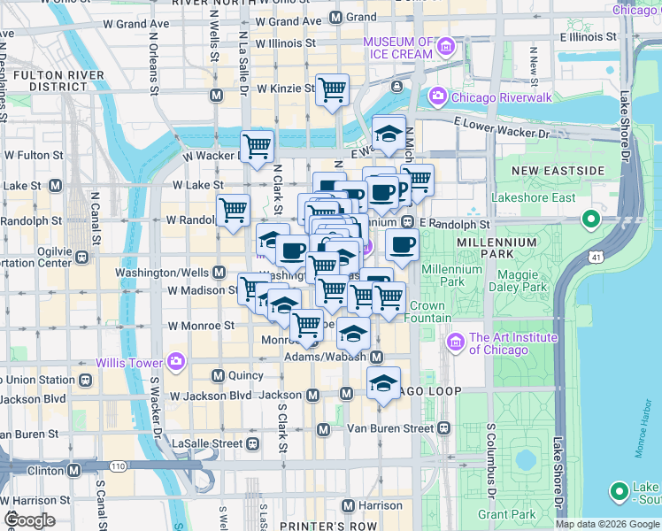 map of restaurants, bars, coffee shops, grocery stores, and more near 20 North State Street in Chicago
