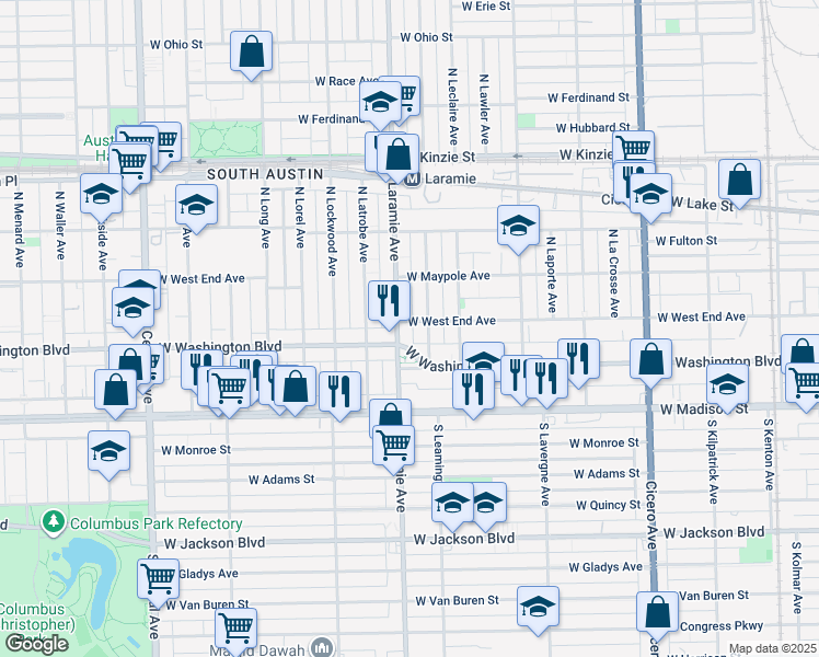 map of restaurants, bars, coffee shops, grocery stores, and more near 5149 West West End Avenue in Chicago