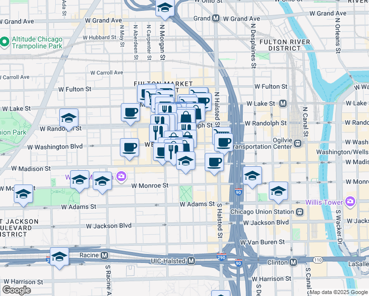 map of restaurants, bars, coffee shops, grocery stores, and more near 909 West Washington Boulevard in Chicago