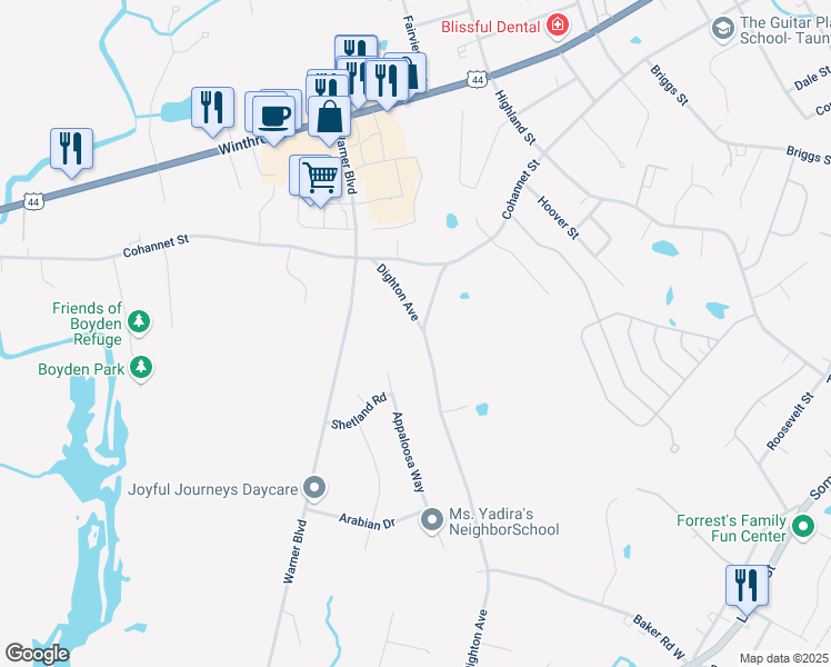 map of restaurants, bars, coffee shops, grocery stores, and more near 89 Dighton Avenue in Taunton
